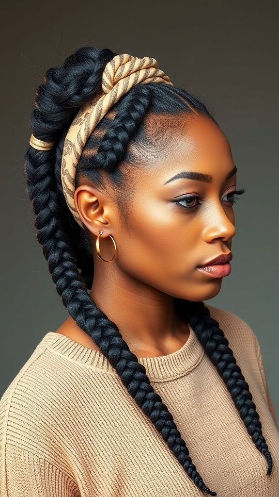 A model with large knotless braids styled with a patterned headband.