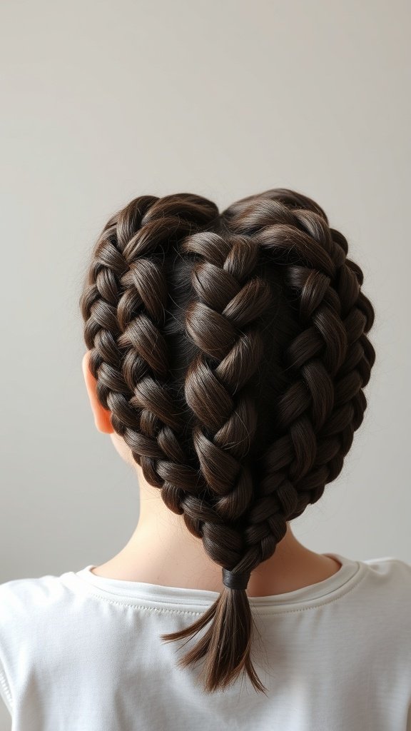 A person with large knotless braids styled in a heart shape, showcasing a unique and playful hairstyle.