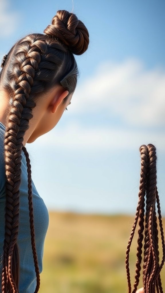 A woman with large knotless braids styled in a high ponytail, showcasing a chic and practical hairstyle.