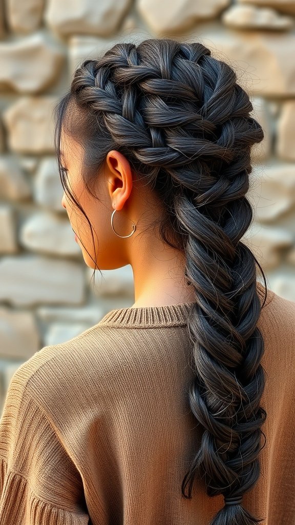 A woman with large knotless braids styled into a low side braid, showcasing a neat and elegant look.