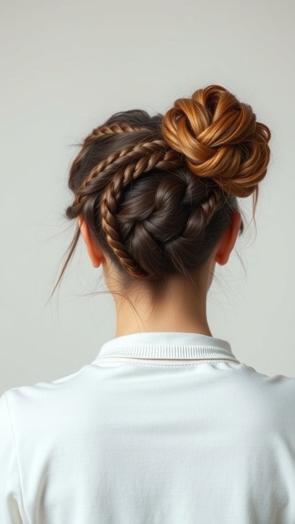 A woman with large knotless braids styled into a messy bun, showcasing a chic and effortless hairstyle.