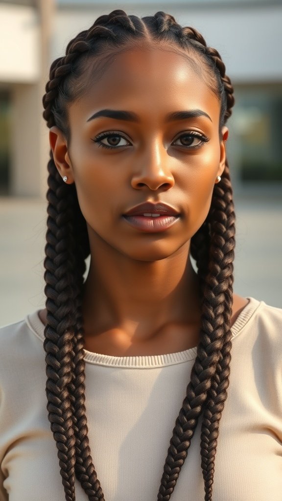 A close-up of a person with large knotless braids styled in a middle part.