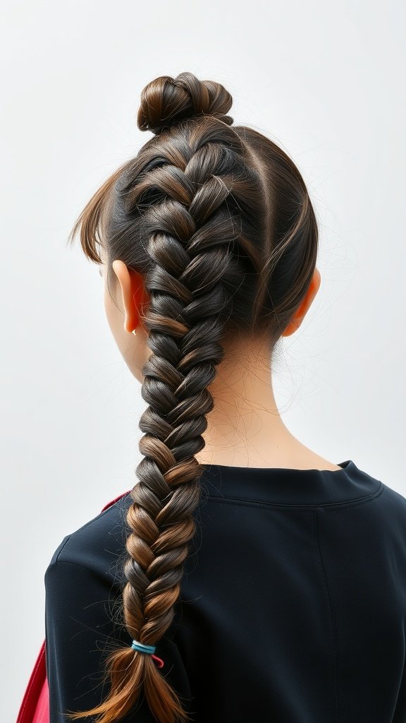 A girl with large knotless braids styled in a ponytail with bangs.