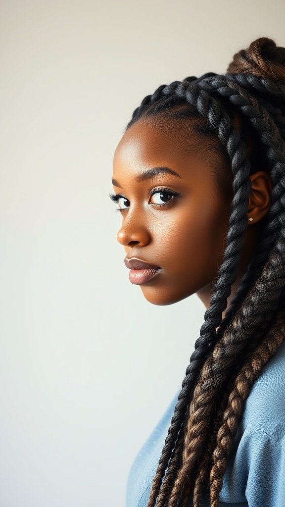 A close-up of a person with large knotless braids, showcasing a retro hairstyle.