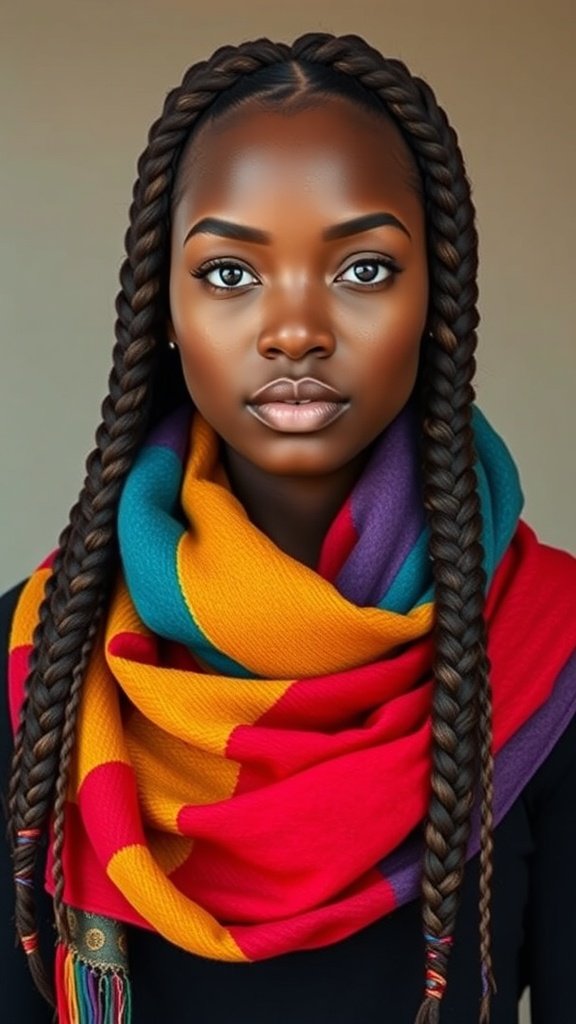 A person with large knotless braids wearing a colorful scarf.