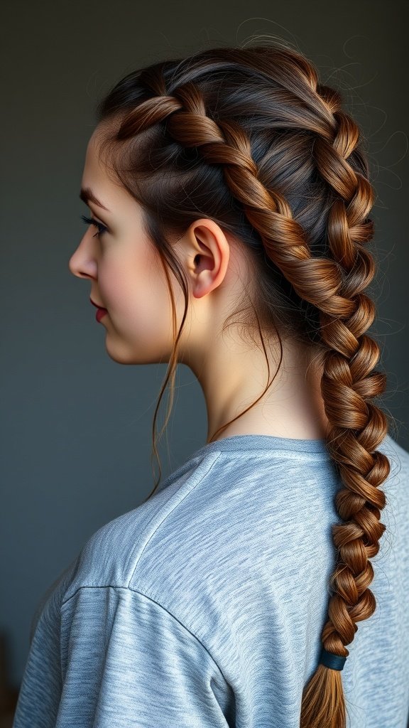 A woman with large knotless braids styled with a side braid.