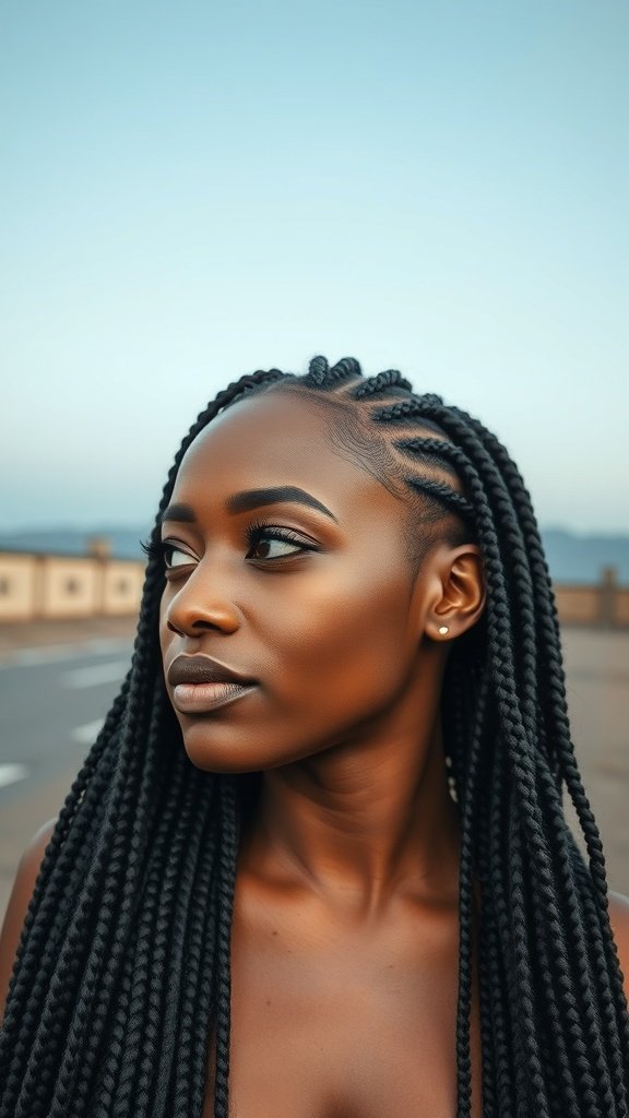 A woman with large knotless braids styled with a side part, showcasing a smooth and elegant look.