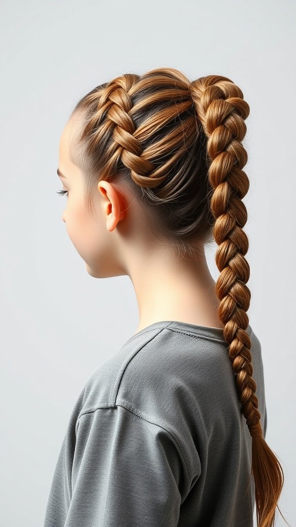 A young girl with large knotless braids styled into a side ponytail.