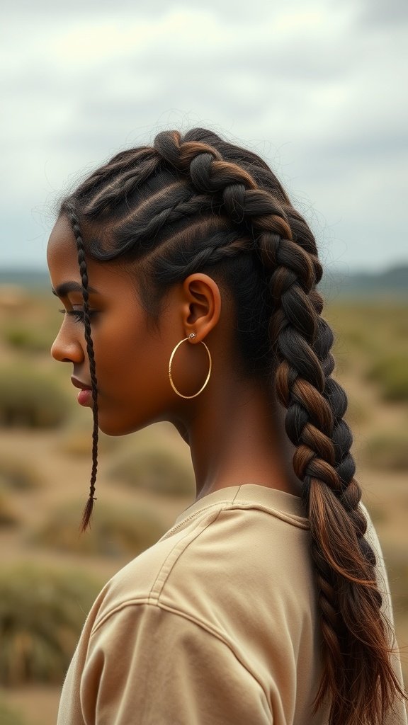 A woman with large knotless braids styled with a side twist, showcasing a chic and modern hairstyle.