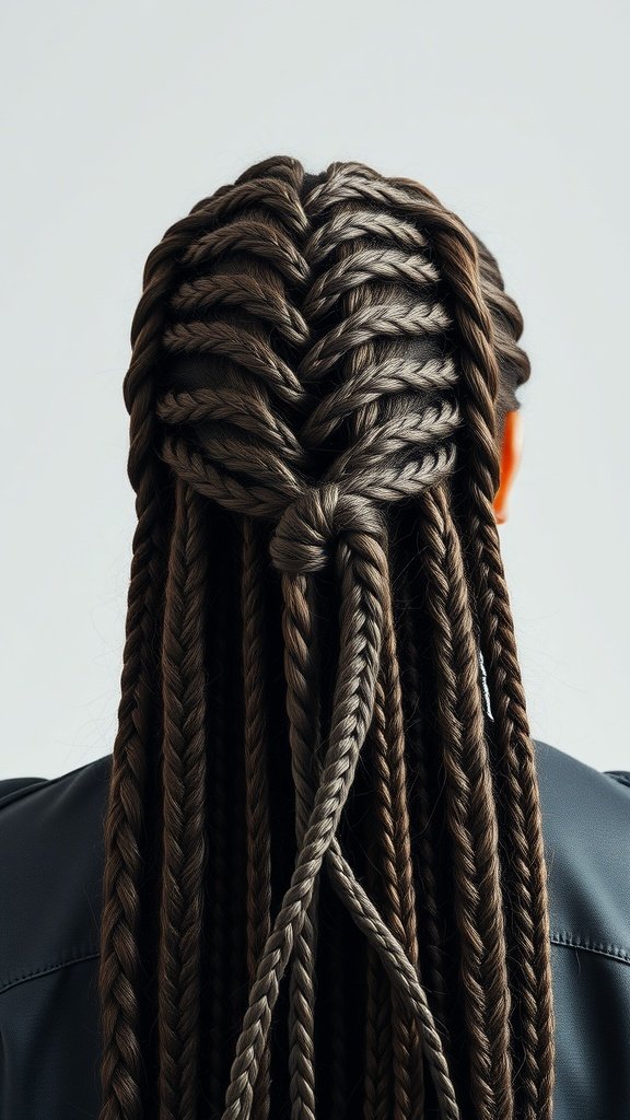 A close-up view of large knotless braids styled with a simple twist at the back.