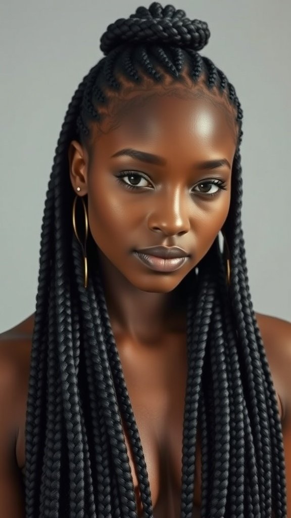 A woman with large knotless braids styled in a sleek finish, showcasing elegance and beauty.