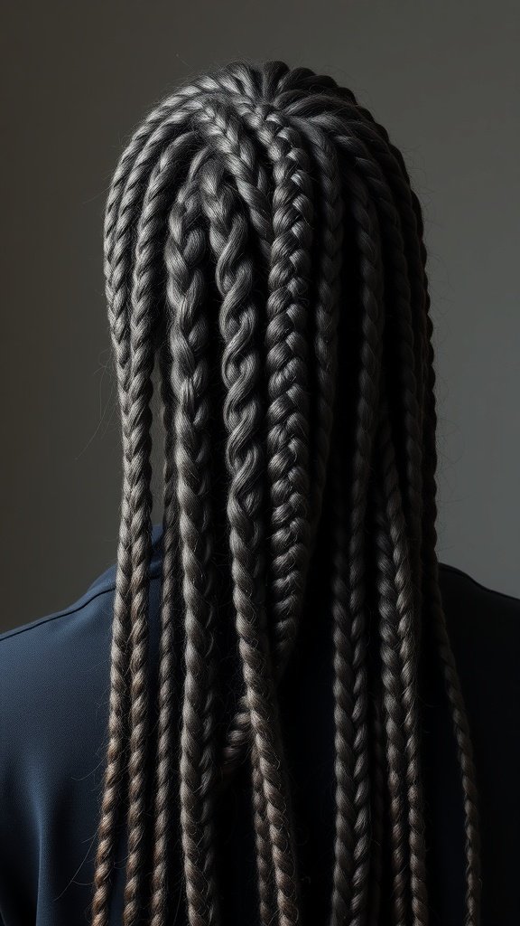 A close-up view of large knotless braids with a smooth finish, showcasing their sleek and elegant appearance.