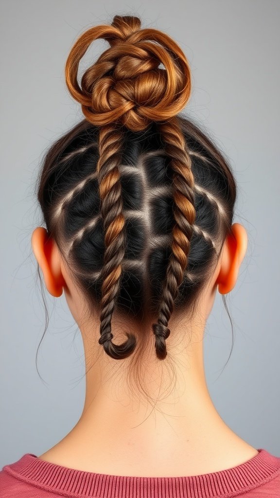A woman with large knotless braids styled into a top knot, showcasing intricate braiding patterns.