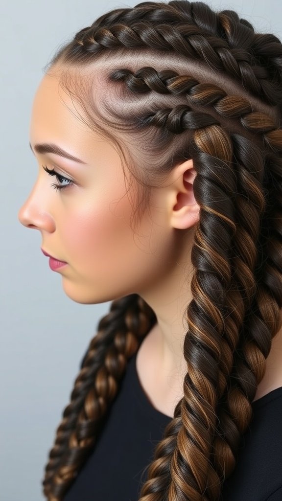 A profile view of a woman with large knotless braids styled in a zigzag part.