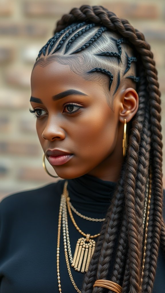 A woman with large knotless braids styled with gold accessories.