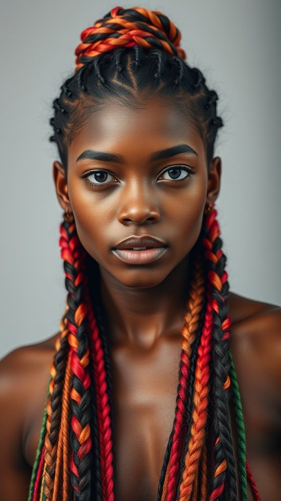 A close-up of a person with large knotless braids featuring vibrant red, orange, and black highlights.