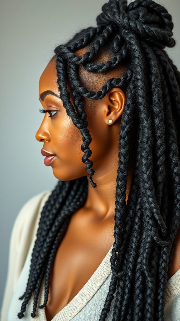 A woman with large knotless braids styled with curly ends, showcasing a side profile.