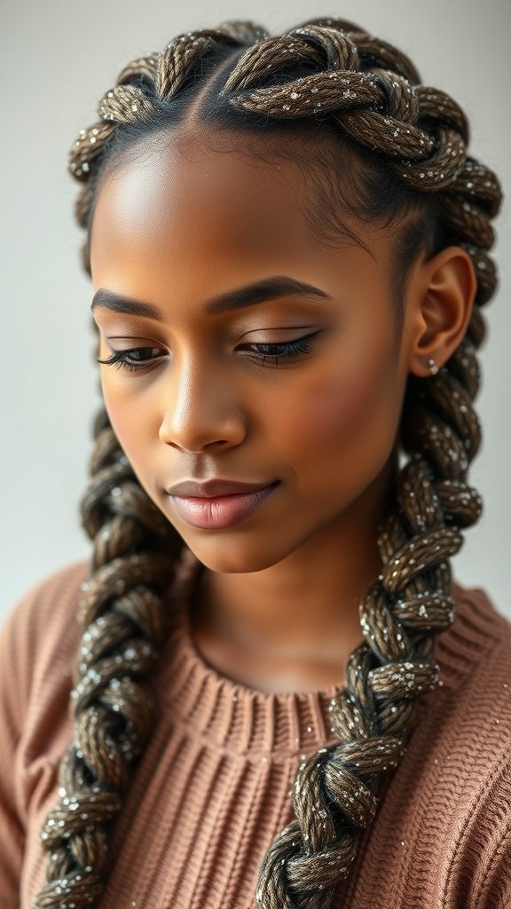 A close-up of a person with large knotless braids adorned with glitter, showcasing a stylish and playful hairstyle.
