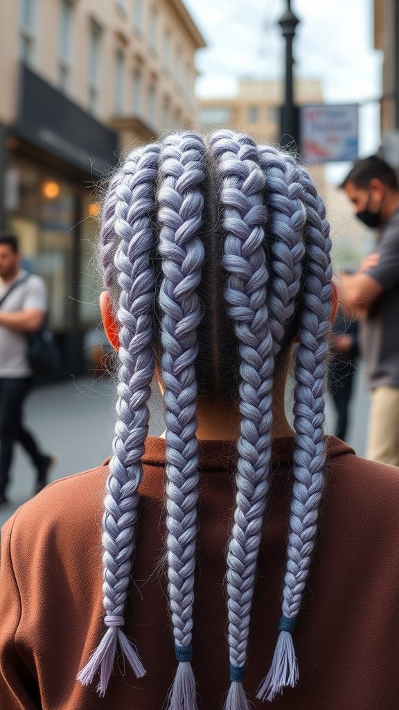 A person with lavender and grey knotless braids styled in a neat fashion.
