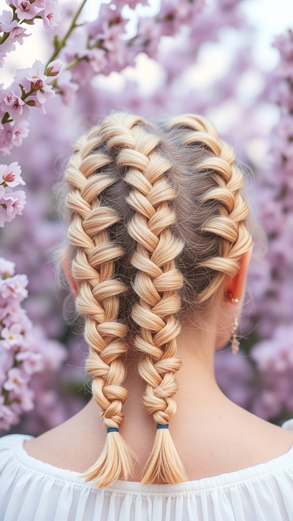 A woman with two knotless braids in lavender and peach colors, surrounded by blooming flowers.