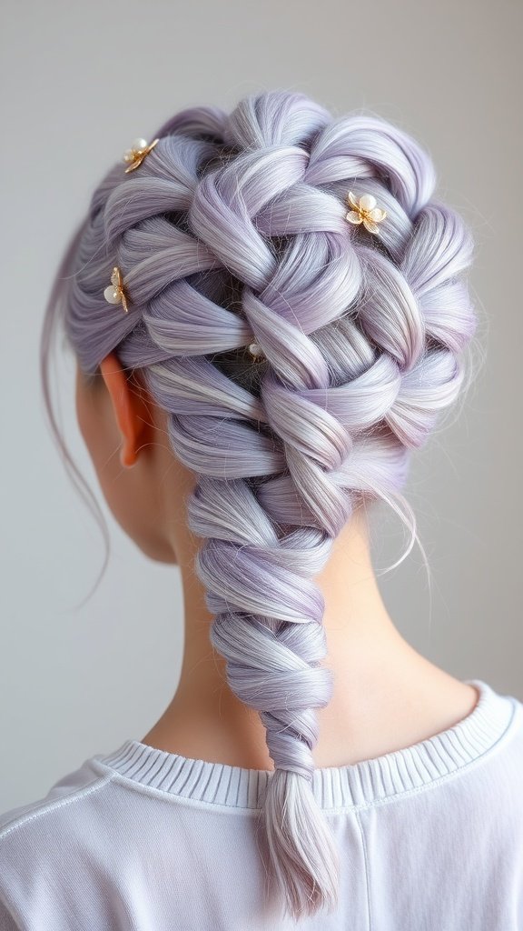 A close-up view of lavender knotless braids styled with floral accessories.