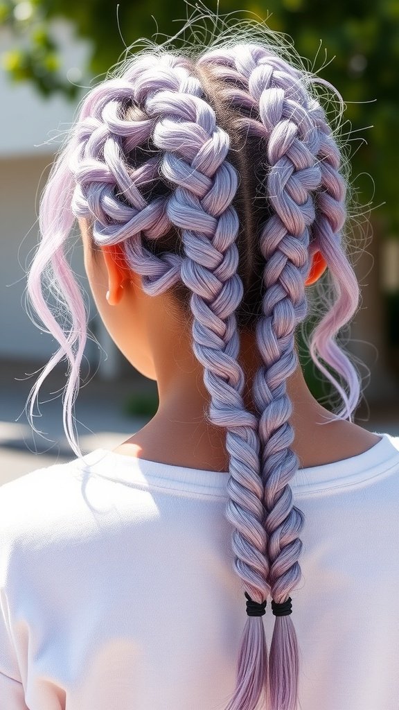 A person with lavender knotless braids styled with highlights, showcasing a unique and vibrant hairstyle.