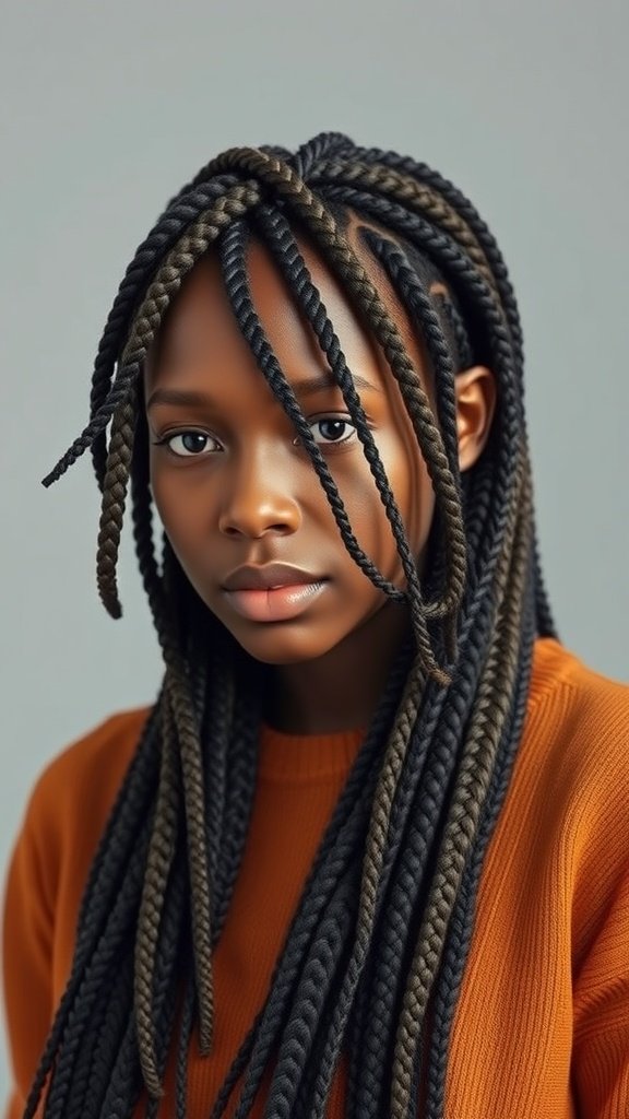 A model with layered jumbo knotless box braids, showcasing a blend of colors and a stylish look.