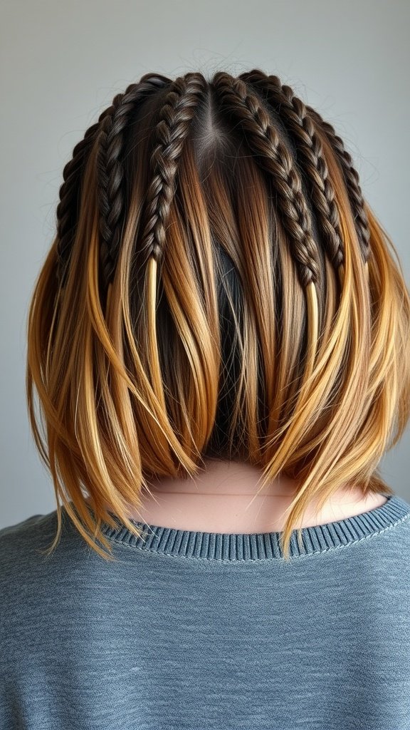 Back view of a layered knotless bob hairstyle with braids and highlights.