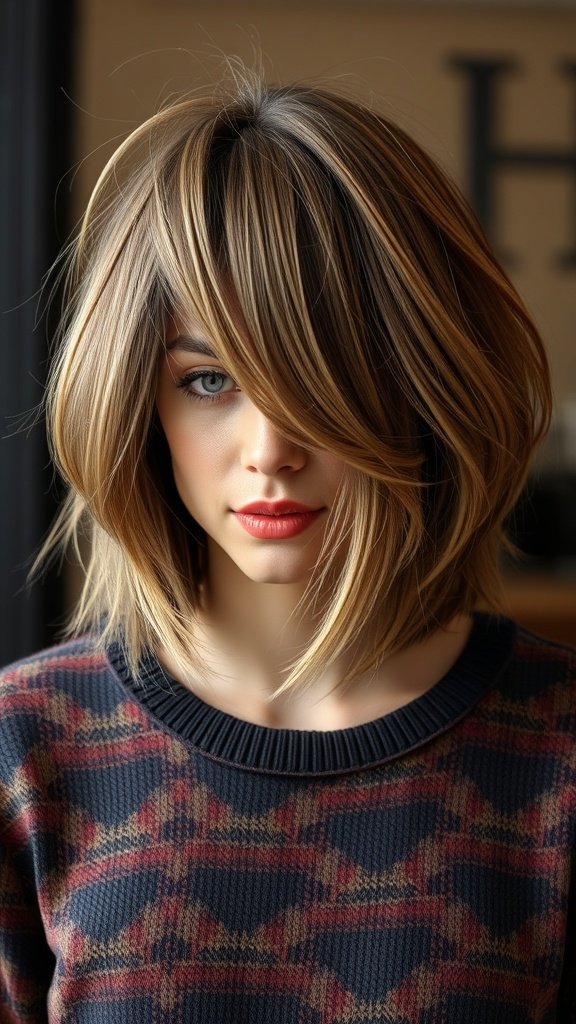 A woman with layered knotless bob hairstyle, featuring soft layers and a side part.