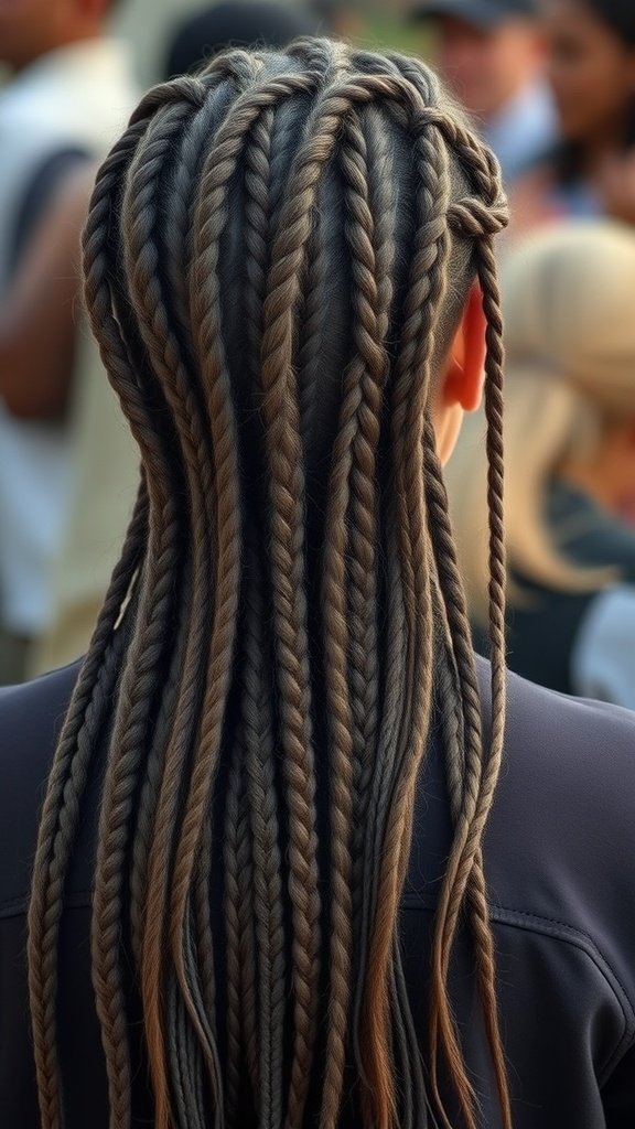 A close-up view of layered knotless boho braids styled elegantly.