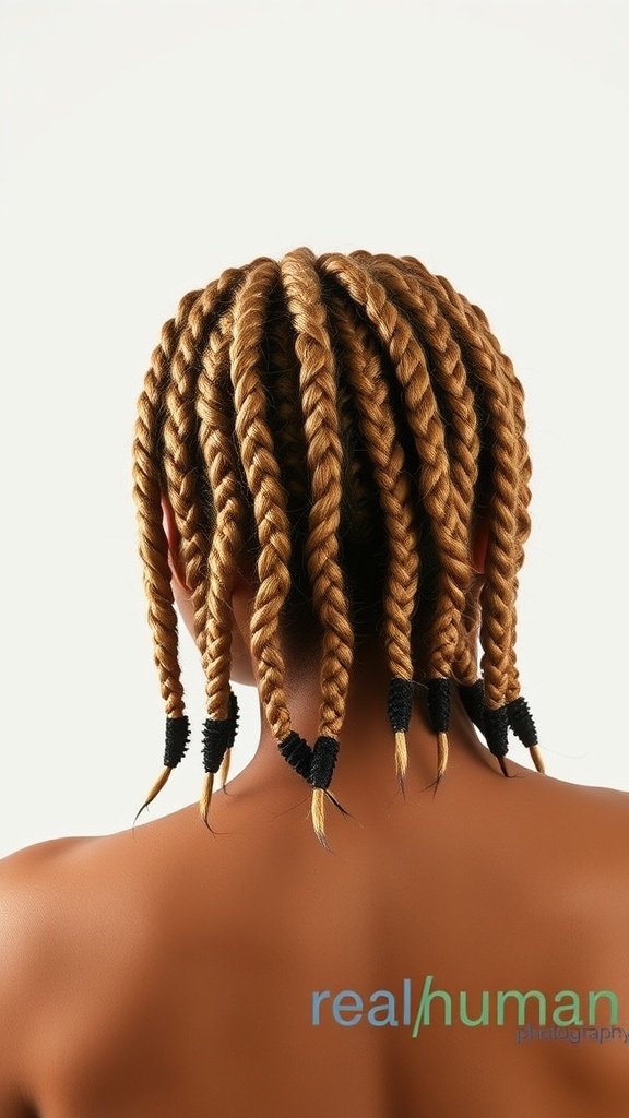 A close-up view of layered knotless braids styled neatly, showcasing their length and texture.