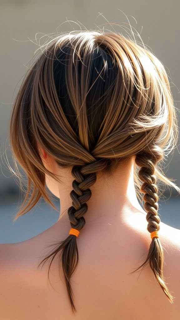 Back view of a person with layered knotless braids tied with orange hair ties.