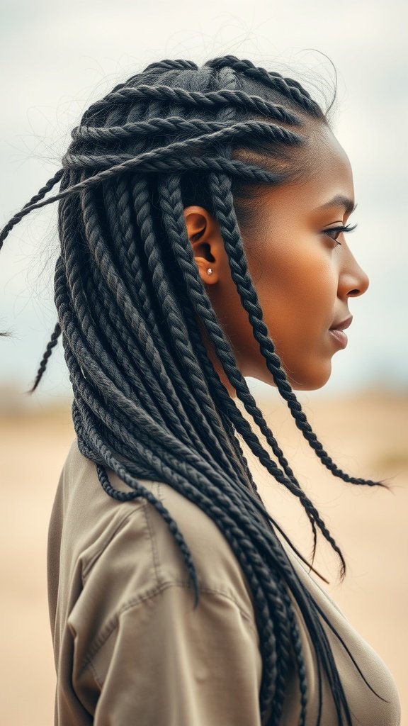 A woman with layered knotless braids styled for volume.