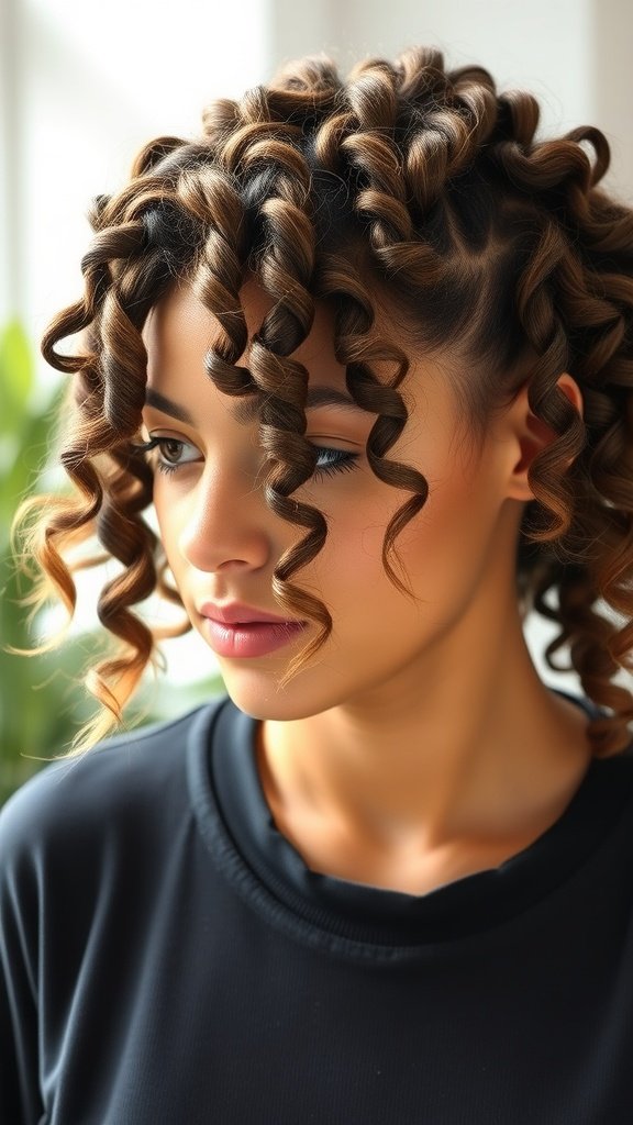 A woman with layered knotless braids and bouncy curls, showcasing a stylish hairstyle.