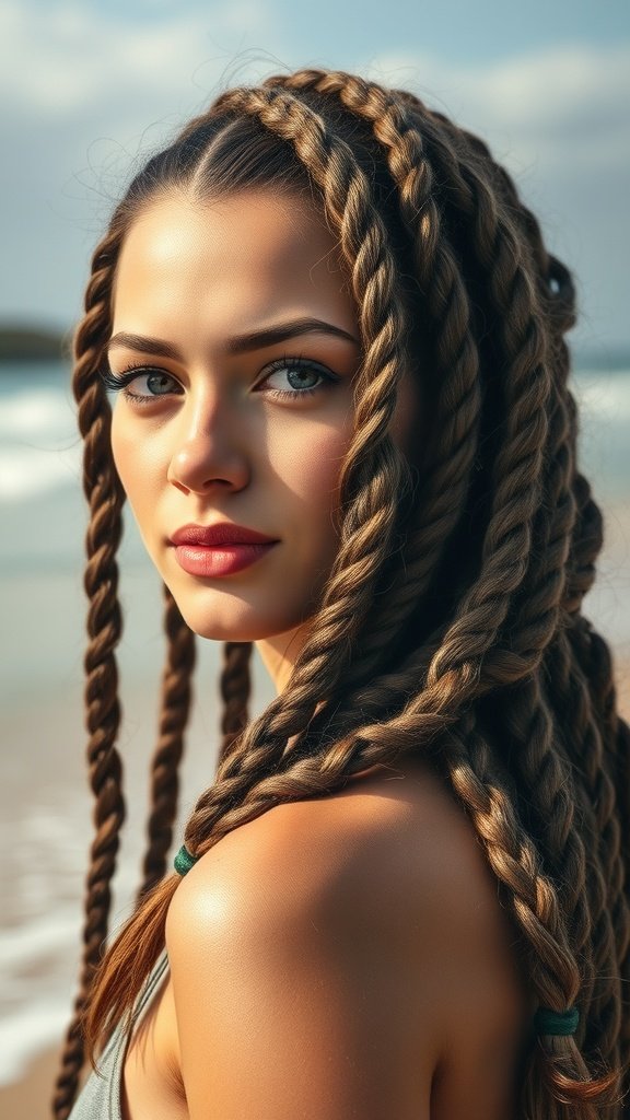A woman with layered knotless braids and soft curls, standing by the beach.