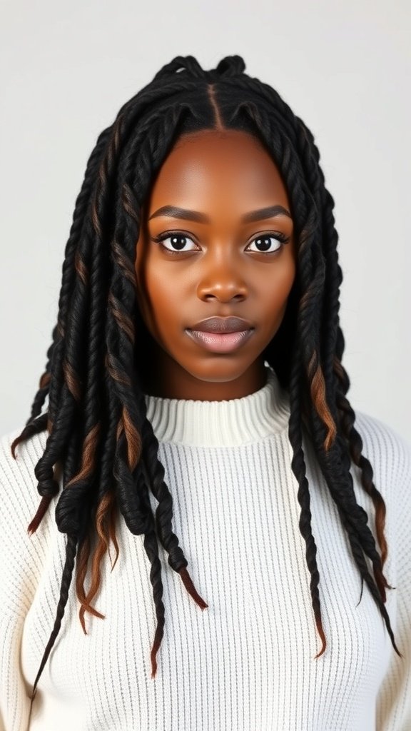 A model showcasing layered large knotless box braids with a stylish look.