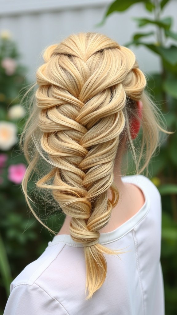 A close-up of layered lemonade braids on a mannequin, showcasing a beautiful blonde color and intricate braiding pattern.