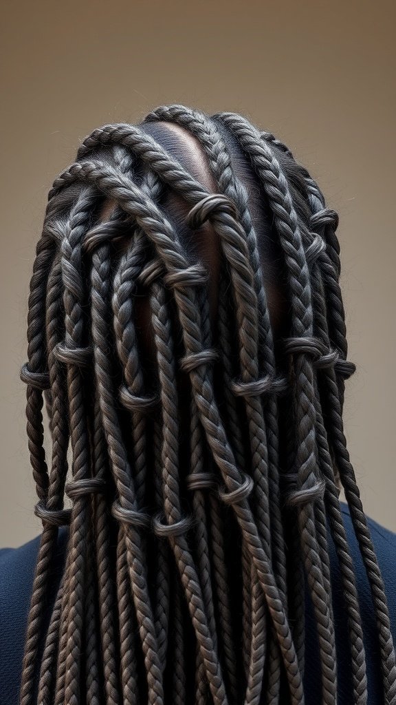 A close-up view of layered medium knotless box braids, showcasing their intricate design and flow.