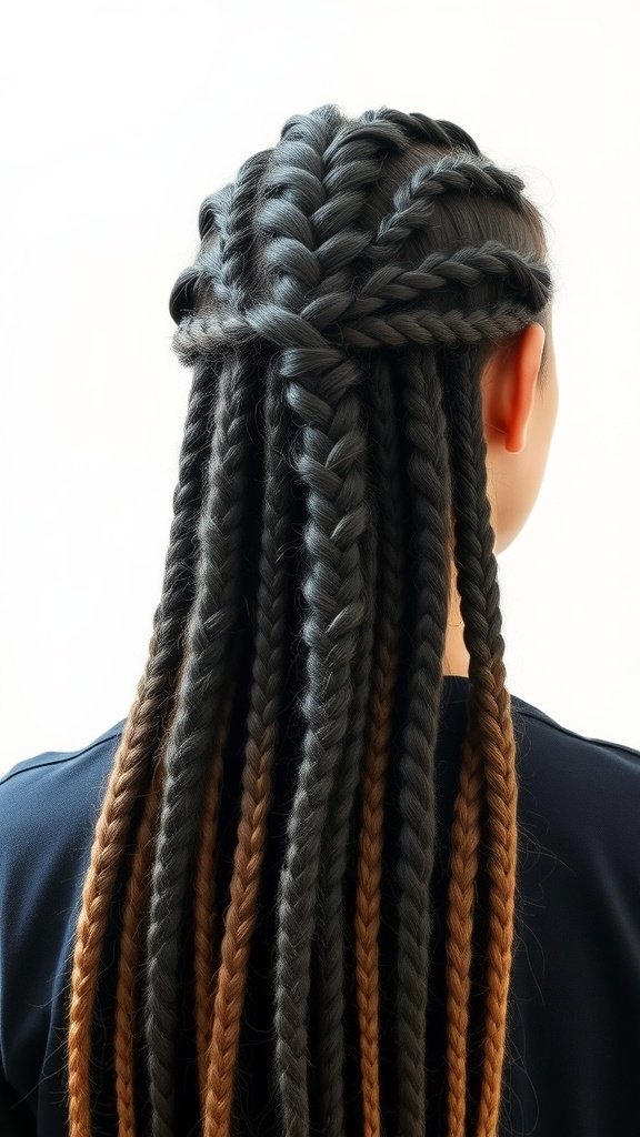 A woman with layered medium knotless braids in dark and light colors, showcasing a stylish and modern hairstyle.