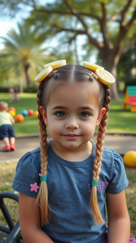 A young girl with lemonade braids and lemon slices on her head, smiling in a park.