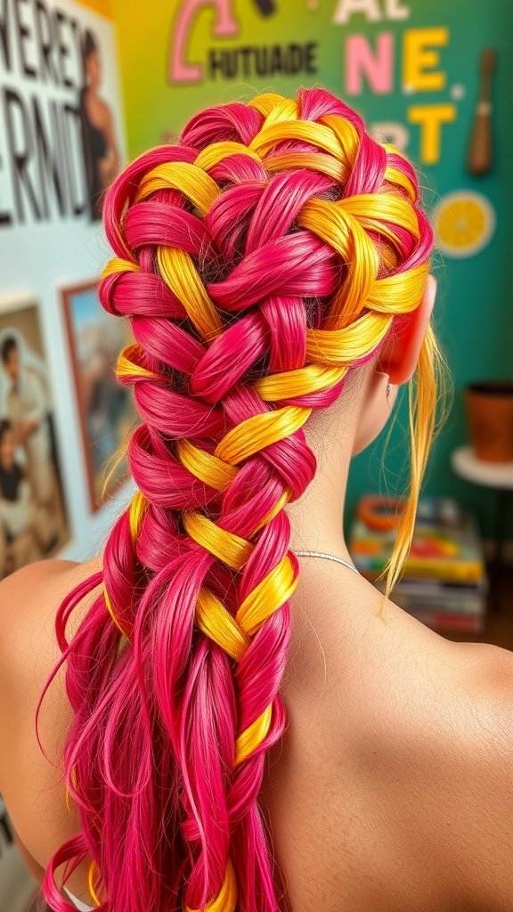 A close-up of lemonade braids styled in vibrant pink and yellow colors.