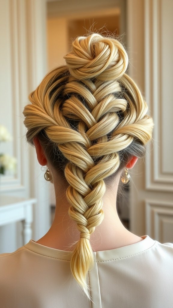 A woman with lemonade braids styled into a bun, showcasing a chic and elegant hairstyle.