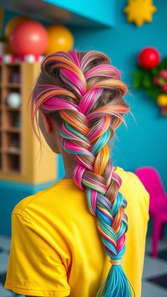 A girl with colorful lemonade braids featuring pink, blue, and orange hues, wearing a yellow shirt.