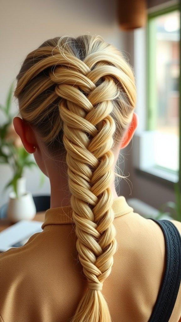 A close-up of a fishbone braid hairstyle, showcasing a neat and intricate pattern.