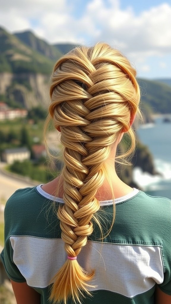 A person with lemonade braids transitioning into a fishtail braid, showcasing a stylish hairstyle.