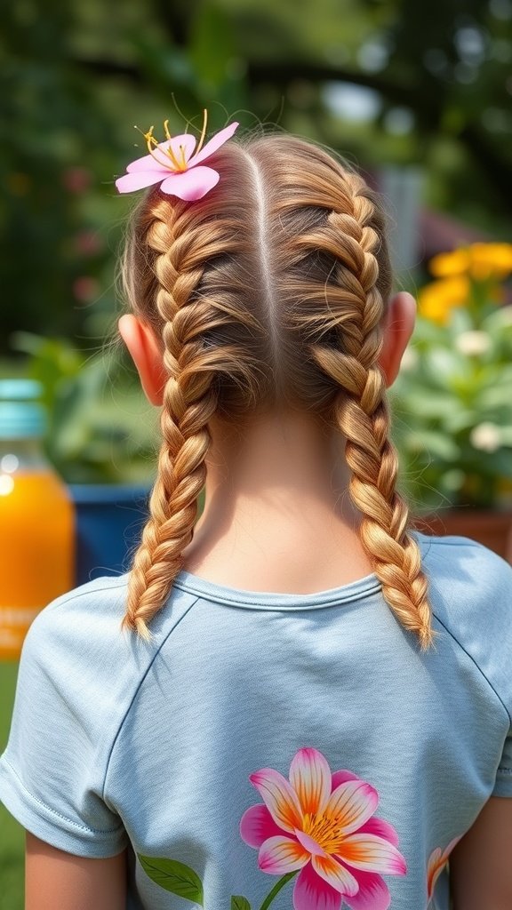 A young girl with lemonade braids and a flower in her hair, showcasing a fun hairstyle.