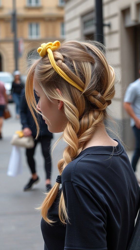 A woman with lemonade braids and a yellow headband walking in the city.