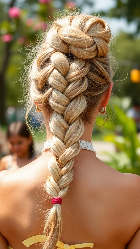 A woman with lemonade braids styled into a high bun, showcasing intricate braiding and a colorful hair tie.