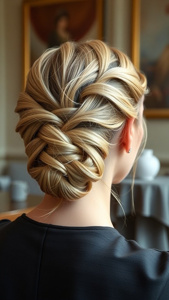 A close-up of a low bun hairstyle featuring lemonade braids, showcasing a stylish and elegant look.