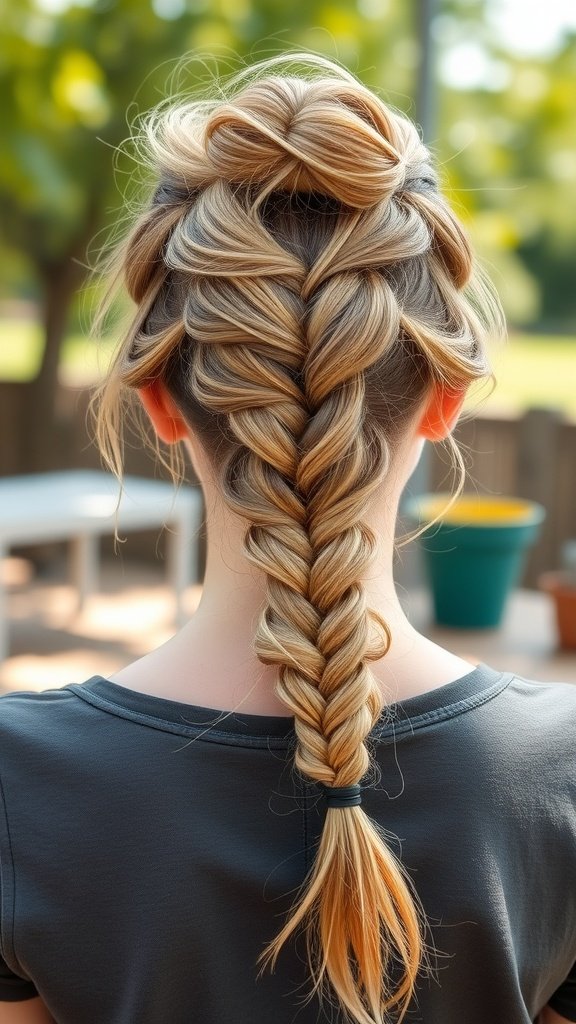 A hairstyle featuring lemonade braids with a messy bun at the top.